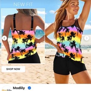 Colorful Tropical Palm Tree tankini top and swim shorts